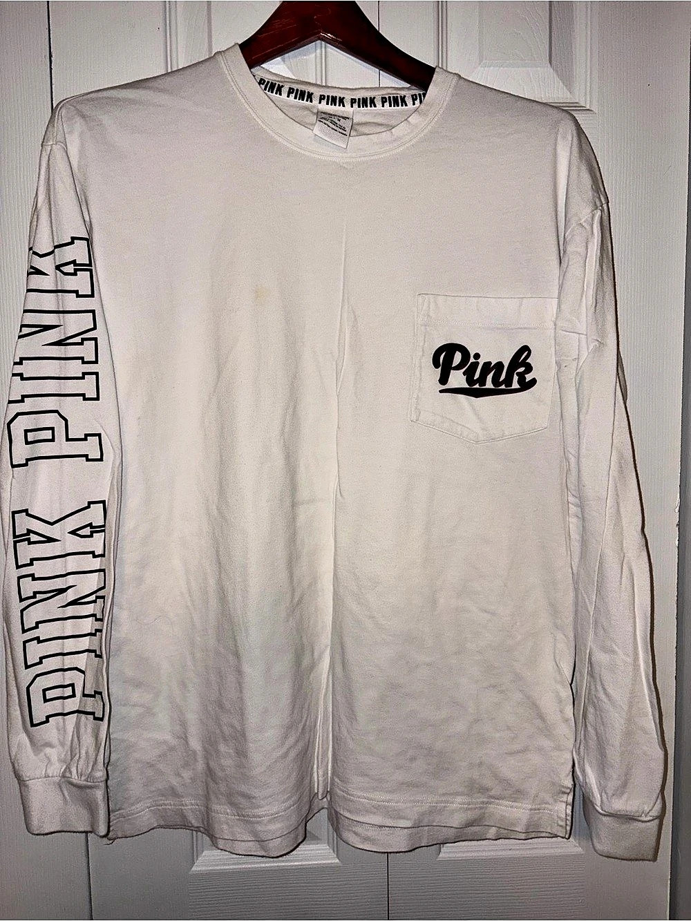 Victoria's Secret PINK Long Sleeve Pocket Tee in White Medium